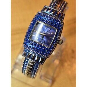 Paul Jardin Blue Marcasite Quartz Tank Cuff Bracelet Watch. New Battery
